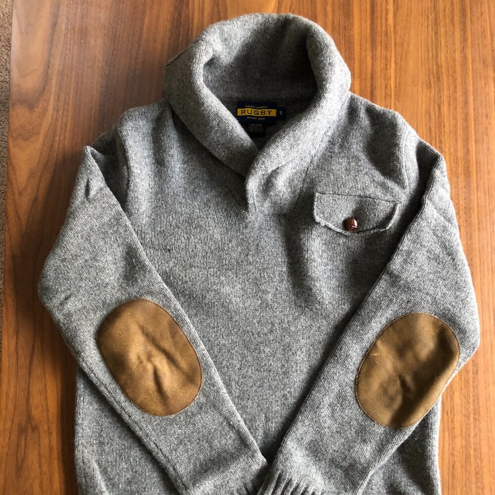 Rugby Ralph Lauren Wool Sweater Small Grey Shawl Collar Elbow Patches